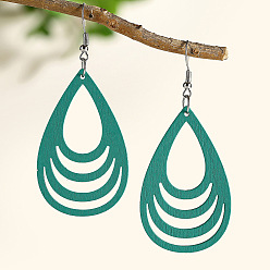 Темно-бирюзовый Серьги-подвески в форме капли из полого дерева, платина, темные бирюзовый, 77x34 мм