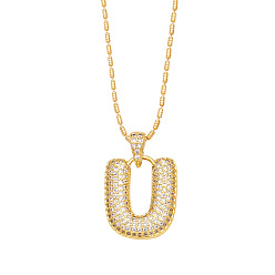Letter U Brass Micro Pave Cubic Zirconia Pendant Necklaces, Golden, Letter U, 16.54 inch(42cm), Pendant: 24~30x13~22mm