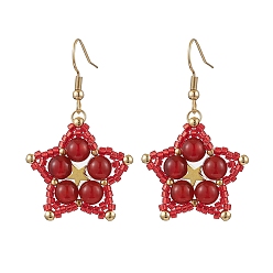 Красный Агат Природные сердолик болтаться серьги, со стеклянными бусинами и 304 крючками для сережек из нержавеющей стали, звезда, 46x27 мм