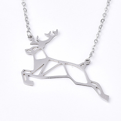 Stainless Steel Color Non-Tarnish 201 Stainless Steel Pendant Necklaces, with Cable Chains, Christmas Reindeer/Stag, Stainless Steel Color, 17.5 inch(44.5cm), 2mm, Reindeer: 42.5x36.5x1mm