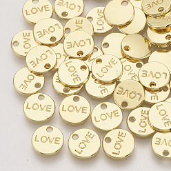Light Gold Талисман из сплава, плоские круглые со словом "love", золотой свет, 9x1.5 мм, отверстие : 1.4 мм