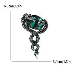 Green Alloy with Rhinestone Brooches, Snake, Green, 63x34mm