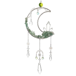 Green Aventurine Moon Natural Green Aventurine & 304 Stainless Steel & Brass Suncatchers, Glass Tassel Decorative Hanging Crystal Prism for Window & Garden, 345x97mm