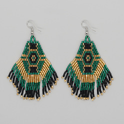 Зеленый Серьги-подвески с кисточками из стеклянного бисера в китайском стиле ручной работы с шестигранным узором, платина, зелёные, 80x45 мм