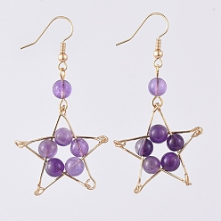 Аметист Болтаться серьги природный аметист, с позолоченной железной проушиной и латунными крючками для сережек, звезда, 55 мм , штифт: 0.7 мм