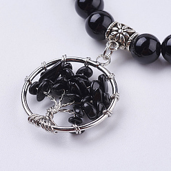 Black Agate Gemstone Stretch Bracelets, with Tibetan Style Pendants, Tree of Life, 2 inch(52mm)