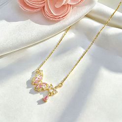 Pink Brass Pave Cubic Zirconia Flower Butterfly Pendant 304 Stainless Steel Cable Chain Necklaces for Women, Golden, Pink, 15.75 inch(40cm)