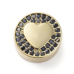 Золотой Латунные микро проложить кубического циркония бусы, плоско-круглые с сердцем, чёрные, золотые, 12x5 мм, отверстие : 2 мм