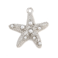Platino Colgantes de perlas de imitación de latón y plástico ABS, encanto de estrella de mar, larga duración plateado, sin plomo y cadmio, Platino, 19.5x19x4.5 mm, agujero: 13 mm
