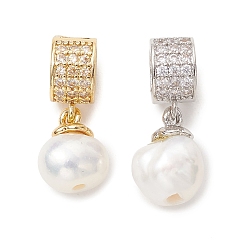 Белый Подвески из натурального пресноводного жемчуга, двухстороннее полированное очарование, подвески с микропаве из латуни, украшенные кубическим цирконием, с креплениями для штифтов., платиной и золотом, белые, 20~20.5 мм, отверстие : 5.5 мм
