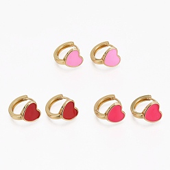 (52) Непрозрачная лаванда Серьги-кольца Huggie из латуни с эмалью, долговечный, сердце, реальный 18 k позолоченный, разноцветные, 10x15x2.5 мм, штифты : 1 мм