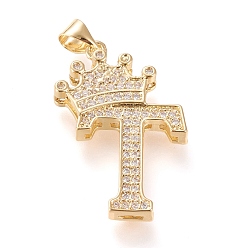 Letter T Латунные микро проложить кубического циркония подвески, долговечный, со сменными под залог, letter.t с короной, реальный 18 k позолоченный, прозрачные, letter.t, т: 28x19x4 мм, отверстие : 3x4 мм