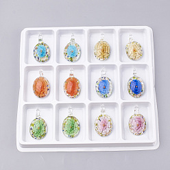 Mixed Color Handmade Gold Sand Lampwork Pendants, Inner Flower, Oval, Mixed Color, 43~46x25x12mm, Hole: 5mm, Box Size: 20x19.5x1.3cm, 12pcs/box.