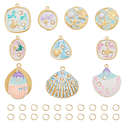 Mixed Shapes 10Pcs 10 Styles Ocean Theme 304 Stainless Steel Enamel Pendants, Golden, with 20Pcs Jump Ring, Mixed Shapes, 23x21mm, Hole: 1.5mm