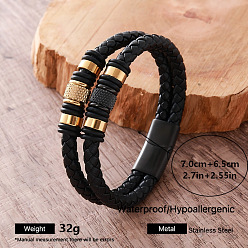 Golden Vintage European-style 304 Stainless Steel Multi-Strand PU Leather Cord Bracelets with Magnetic Clasps for Women and Men, Black, Golden, Inner Diameter: 2.76 inch(7cm)