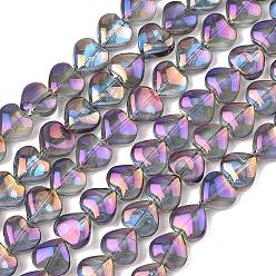 Темная Орхидея Гальванизированная нить из прозрачных стеклянных бусин, сердце, с половиным покрытием, темные орхидеи, 9.5x10.5x6 мм, отверстие : 0.7 мм, около 42 шт / нитка, 15.87'' (40.3 см)