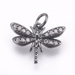 Черный Цвет Металла Латунные микро проложить кубического циркония подвески, без свинца и без кадмия, стрекоза, металлический черный , 12x15.5x2 мм, отверстие : 3 мм