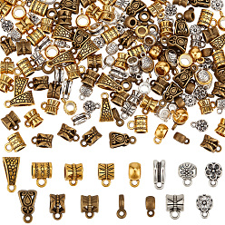 Mixed Color 150Pcs 15 Styles Tibetan Style Alloy Tube Bails, Loop Bails, Bail Beads, Mixed Color, 7~11x7~8x4~8mm, Hole: 1~3.5mm, 10pcs/style