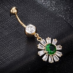 Grün Umweltfreundlicher Nabelring aus Zirkonoxid aus Messing, Bauchringe, mit 304 Edelstahlleiste, echt 18 k vergoldet, Gänseblümchen, grün, 45x17 mm, Stange: 15 Spurweite(1.5mm), Stangenlänge: 3/8"(10mm)
