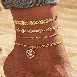 Золотой Плоская круглая подвеска в форме сердца из сплава со стразами 4 многослойные браслеты на ногу для женщин, золотые, 8-1/4~8-5/8 дюйм (210~220 мм), 4 шт / комплект
