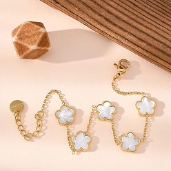 Белый Браслеты-цепочки с цветочными ракушками, золотистый тон 304 женские браслеты-цепочки из нержавеющей стали, белые, 6-1/4~6-3/8 дюйм (15.9~16.3 см)