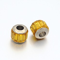 Персиковый Слойка Граненый стеклянные колонки европейские шарики, большие отверстия барабана бусин, с 304 ядра из нержавеющей стали, цвет нержавеющей стали, розовые, 7x9 мм, отверстие : 5 мм