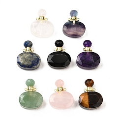 Смешанные камни Подвески для флаконов духов из натуральных смешанных камней, с 304 фурнитурой из нержавеющей стали, граненые, овальные амулеты, золотые, 32~33x25~26x10.5~11.5 мм, отверстие : 1.9 мм