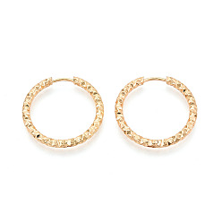 Настоящее золото 18K Серьги из 304 нержавеющей стали, текстурированное кольцо, реальный 18 k позолоченный, 24~24.5x25x2.5 мм