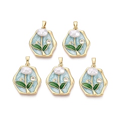 Бледно-бирюзовый Латунь эмаль подвески, шестиугольные и цветочные подвески, с имитацией жемчуга ABS и микропаве из прозрачного кубического циркония, реальный 18 k позолоченный, бледные бирюзовая, 22x19x6 мм, отверстие : 5x2.5 мм