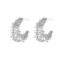 Stainless Steel Color 304 Stainless Steel Wire Wrap Stud Earrings, Half Hoop Earrings, Stainless Steel Color, 30.2x12mm