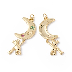 Настоящее золото 18K Реечное покрытие латунь микро паве разноцветные подвески из кубического циркония, с целью перехода в кольце, без кадмия, без никеля и без свинца, луна с медведем и слово любовь, реальный 18 k позолоченный, 39 мм, Перейти кольцо: 5x0.6 мм, внутренний диаметр: 3.5 мм