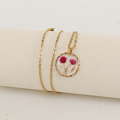 Светло-Вишневый Ожерелья с плоским круглым кулоном из сплава и пластика с внутренним цветком, золотые, светло-вишневый, 17.72 дюйм (45 см)