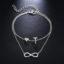 Letter T Браслеты на лодыжку из сплава с подвеской в виде сердца-бесконечности и инициалом, двухслойные, женские., платина, Письмо T, 7-1/2 дюйм (190 мм)