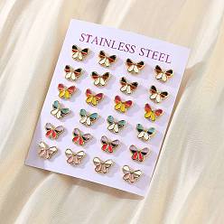 (52) Непрозрачная лаванда 304 серьги из нержавеющей стали эмаль, с 316 хирургическим стержнем из нержавеющей стали, золотые, бабочка, разноцветные, 7x9.5x2 мм, штифты : 0.8 мм