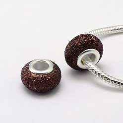Кокосово-Коричневый Порошок блеск ручной Lampwork большое отверстие Rondelle европейские шарики, с двойными медными сердечниками с серебряным покрытием, кокосового коричневый, 14x9 мм, отверстие : 4.5~5 мм
