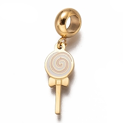 Pink 304 Stainless Steel Enamel European Dangle Charms, Large Hole Pendants, Lollipop Shape, Golden, Pink, 28mm, Hole: 4.5mm, pendants: 19.5x7.5x1.5mm.