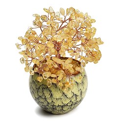 Citrine Heated Natural Citrine Chips Tree of Life Display Decorations, with Porcelain Pot and Copper Wire, Feng Shui Energy Stone Gift for Home Office Desktop Decoration, 85~103x75.5x134~138mm