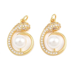 Real 18K Gold Plated Brass Micro Pave Clear Cubic Zirconia Pendants, with Shell Pearl Beads, Snake Charms, Rack Plating, Long-Lasting Plated, Lead Free & Cadmium Free, Real 18K Gold Plated, 22.5x15x9.5mm, Hole: 3mm