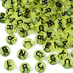Зелено-Желтый Прозрачные акриловые бусины, горизонтальное отверстие, плоский круглый с черной случайной буквой, зеленый желтый, 7x4 мм, отверстие : 1.8 мм, Около 3600~3700 шт / 500 г
