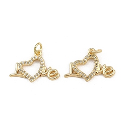Настоящее золото 16K Латунные микропаве прозрачные подвески с фианитом, сердце, с целью перехода в кольце, реальный 16 k позолоченный, 13x20.5x2 мм, отверстие : 3.4 мм