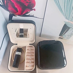 Black Mini Travel Imitation Leather Storage Box for Women, Square Portable Jewelry Case Organizer for Earrings Rings, with Snap Button and Mirror, Black, 10x10x5cm