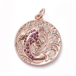 Розовое Золото Латунные микро проложить кубического циркония подвески, долговечный, плоские круглые и рыба, ярко-розовый, Настоящее розовое золото покрыто, 19x21x4 мм, отверстие : 3.5 мм