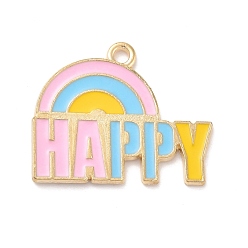 Light Gold Alloy Enamel Pendants, Rainbow with Word HAPPY, Light Gold, 22x27x1mm, Hole: 2mm