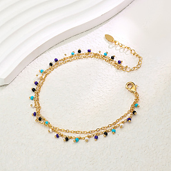 Разноцветный Модные женские браслеты на щиколотку в винтажном стиле из латуни с круглыми кисточками, двухслойные, регулируемые, реальный 18 k позолоченный, красочный, 8-1/4 дюйм (210 мм)