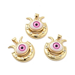 Ярко-Розовый Сглаз с луной латунные подвески из прозрачного кубического циркония с микропаве, с полимерным глазным яблоком, без кадмия, без никеля и без свинца, реальный 18 k позолоченный, ярко-розовый, 23x22x7 мм, отверстие : 3.6x4.3 мм
