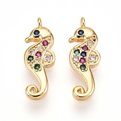 Настоящее золото 18K Латунные микро проложить кубического циркония подвески, прелести морских коньков, реальный 18 k позолоченный, 15.5x5.5x2 мм, отверстие : 1 мм