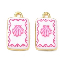 Hot Pink Printed Brass Pendants, Rectangle with Shell Shape Charms, Rack Plating, Long-Lasting Plated, Lead Free & Cadmium Free, Real 18K Gold Plated, Hot Pink, 23x12.5x3.5mm, Hole: 2mm