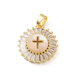 Real 18K Gold Plated Brass Micro Pave Clear Cubic Zirconia Pendants, with White Shell, Flat Round with Cross Charms, Cadmium Free & Lead Free, Rack Plating, Long-Lasting Plated, Real 18K Gold Plated, 22x20x5mm, Hole: 6x3.5mm