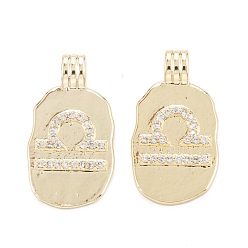 Весы Латунные микропаве прозрачные подвески с фианитом, овальной формы с созвездием, золотые, Весы, 18.5~19.5x9.5~10.5x3.5 мм, отверстие : 1.9x2.5 мм