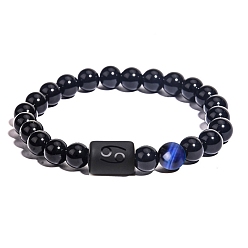 Cancer Natural Black Agate(Dyed & Heated) Stretch Bracelets, Constellations Theme Bracelet, Cancer, Inner Diameter: 2-3/8 inch(6cm)